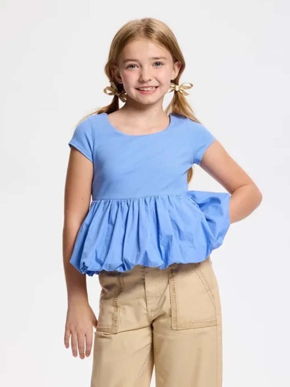 Girls Light Blue Short Sleeve Peplum Top